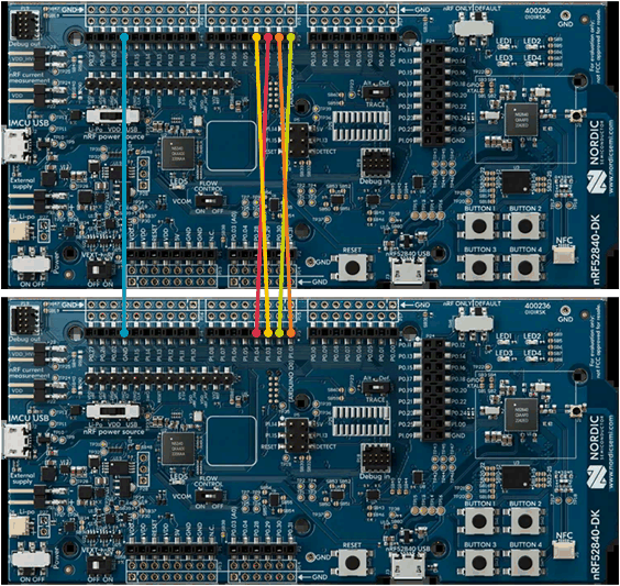 nRF52840 DK server and client pin connections